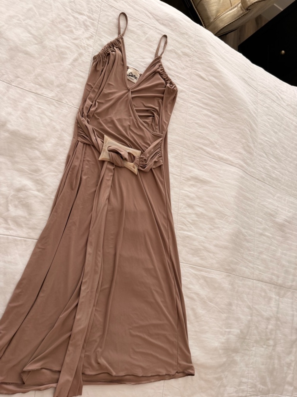 Glitz Mauve-Taupe Spaghetti Strap Maxi Dress with Waist Tie